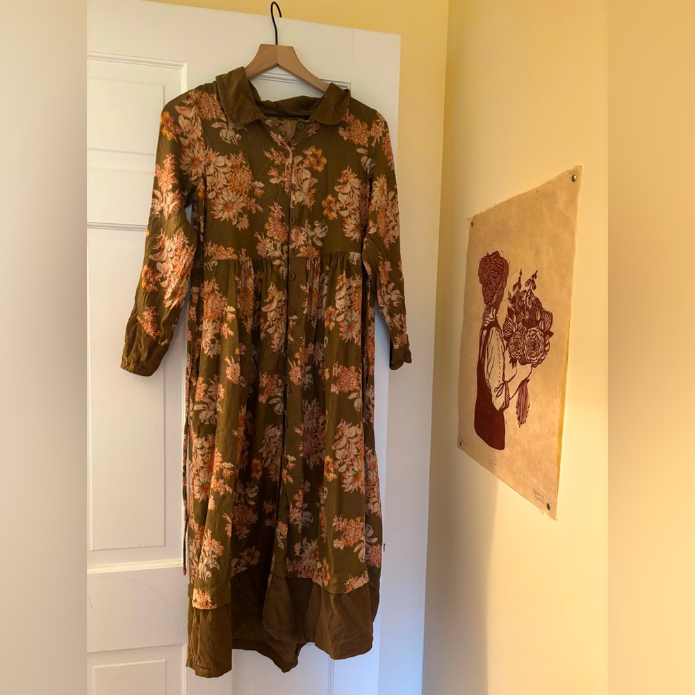 Long Floral Dress with Corduroy Accents